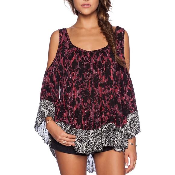 Free People Chloe Tee Purple Cold Shoulder Blouse Scoop Neck Flowy Long Sleeve L - Picture 1 of 9